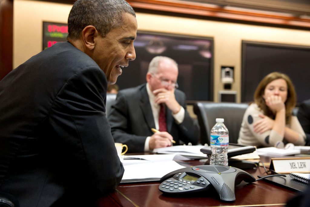 President Barack Obama participates in a conference call with electric utility executives to discuss the restoration of power for those who lost electricity during Hurrican Sandy, in the Situation Room of the White House, Oct. 30, 2012. John Brennan, Assistant to the President for Homeland Security and Counterterrorism, and Alyssa Mastromonaco, Deputy Chief of Staff for Ops, listen at right. (Official White House Photo by Pete Souza) This official White House photograph is being made available only for publication by news organizations and/or for personal use printing by the subject(s) of the photograph. The photograph may not be manipulated in any way and may not be used in commercial or political materials, advertisements, emails, products, promotions that in any way suggests approval or endorsement of the President, the First Family, or the White House.