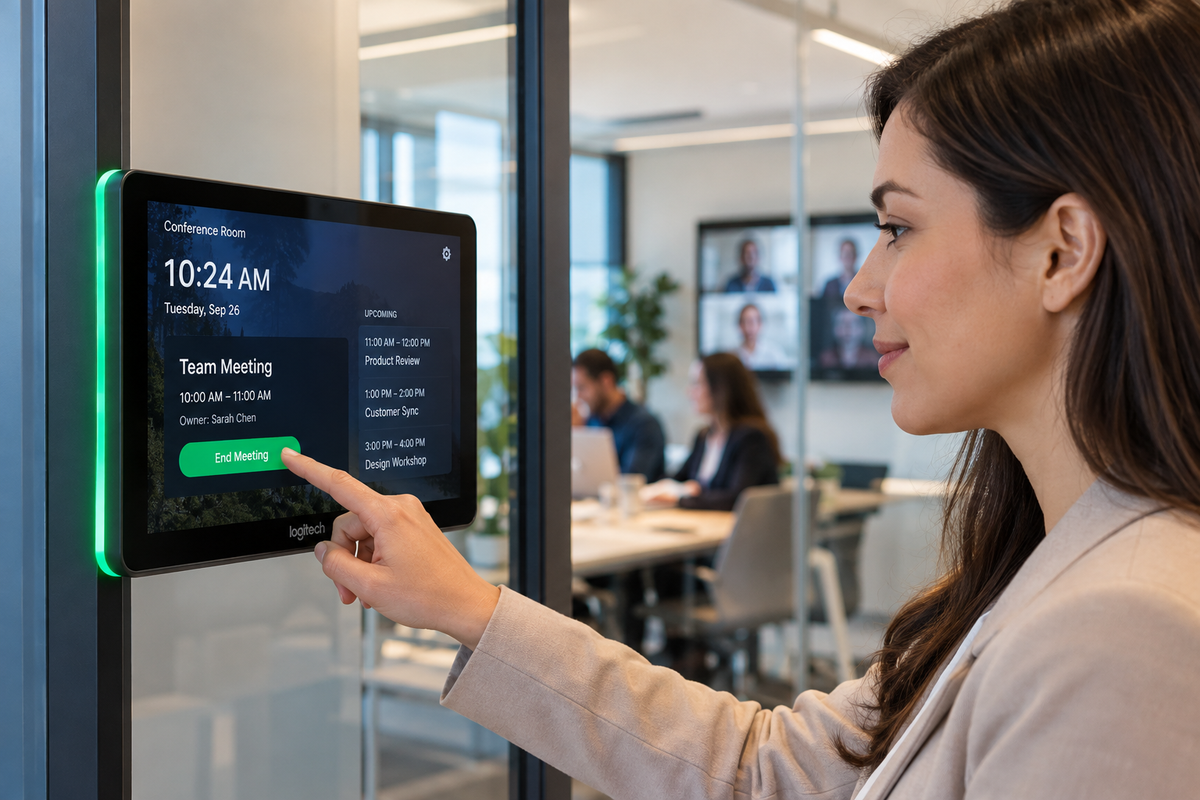 Persona usando Logitech Tap Scheduler para reservar una sala de reuniones