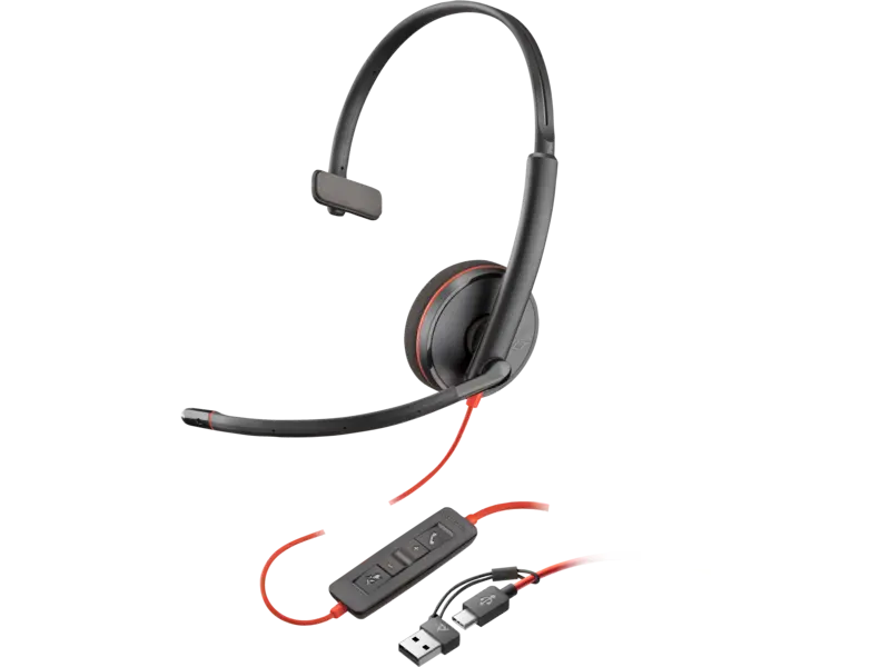 Audífonos Poly Blackwire 3210 monoaurales USB-C con adaptador USB-C a USB-A