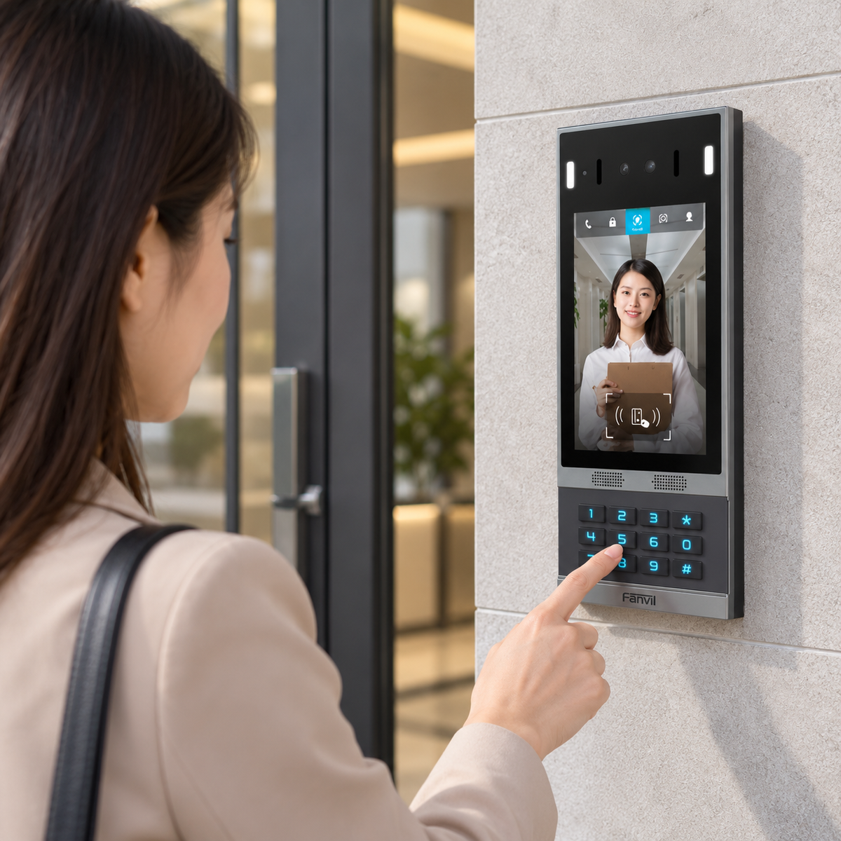 Video Portero IP Fanvil i67 instalado en acceso de edificio para control de acceso y videollamada