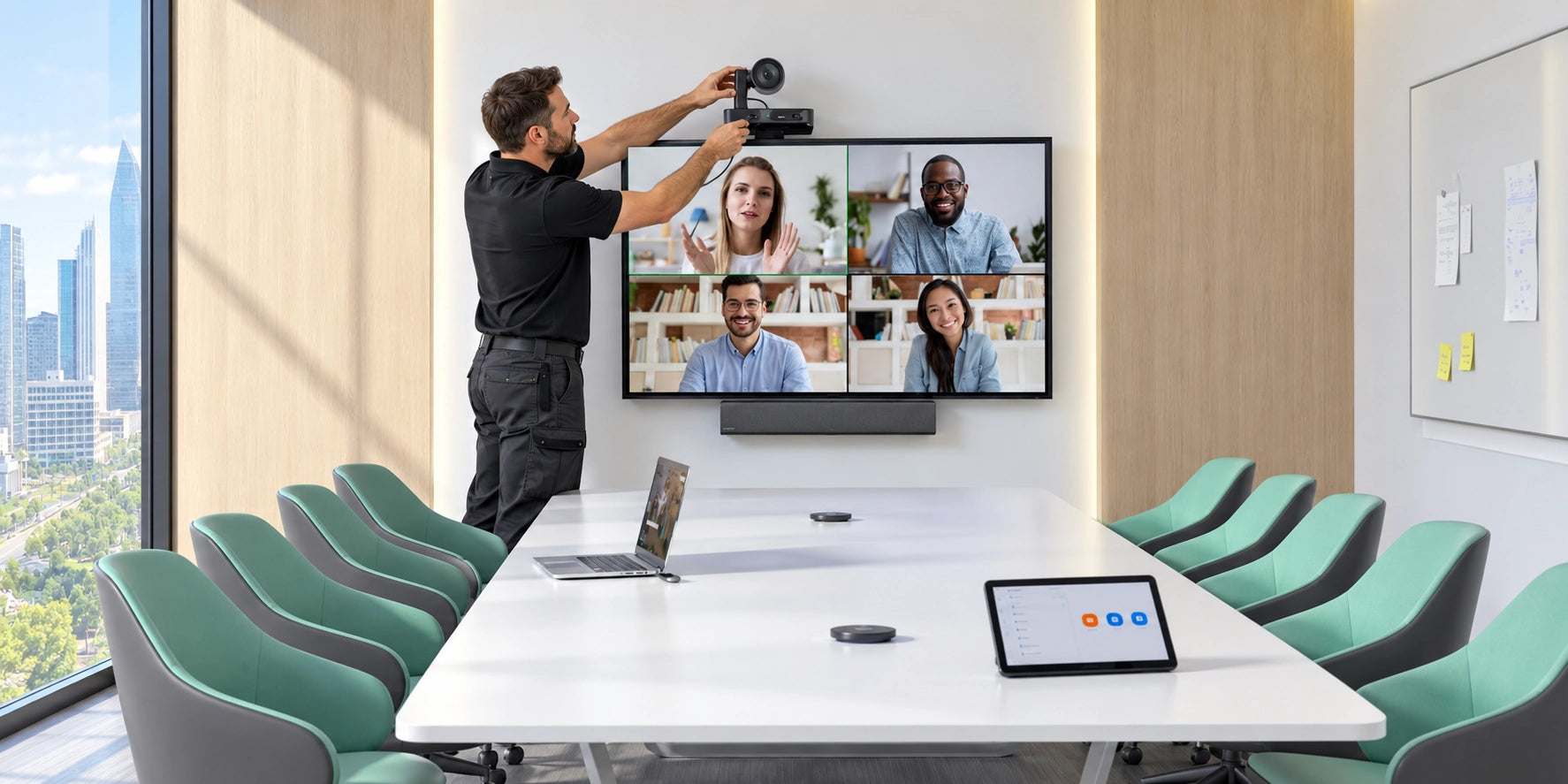 Técnicos instalando un sistema de videoconferencia