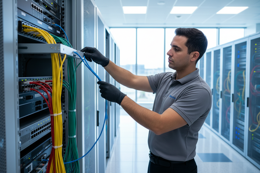 Técnico realizando certificación de cableado estructurado Cat6 en empresa chilena