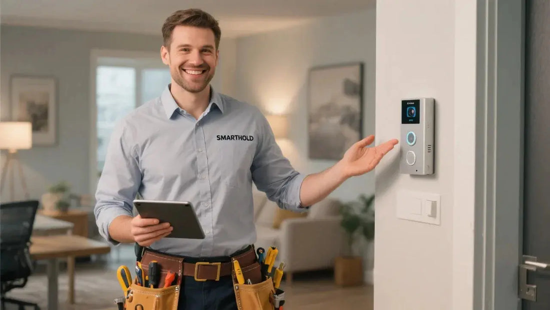 Técnico instalador de videoportero en edificio residencial o empresa