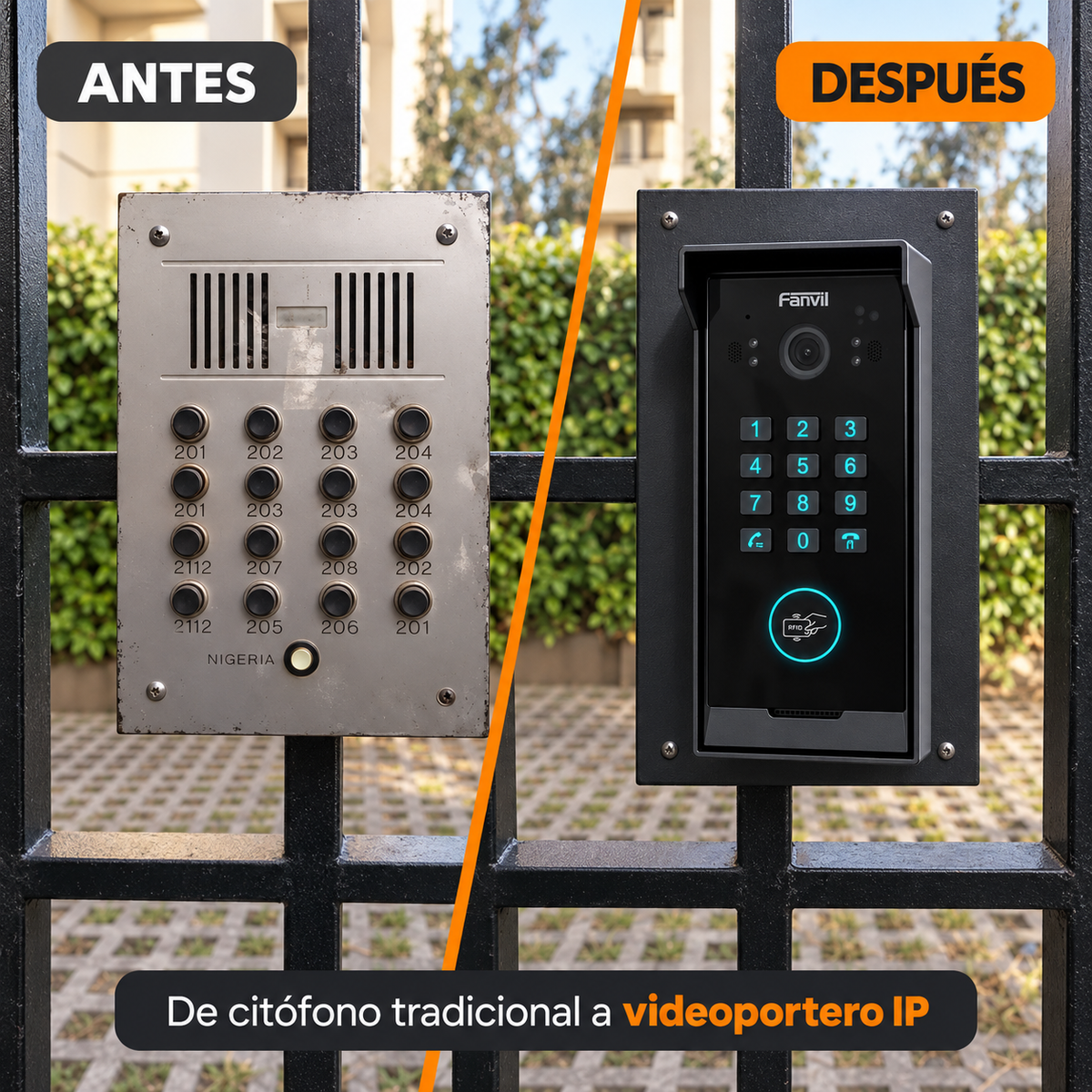 Antes y después: citófono tradicional y videoportero IP Fanvil i60K en el acceso; representación ilustrativa