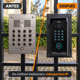 Antes y después: citófono tradicional y videoportero IP Fanvil i60K en el acceso; representación ilustrativa