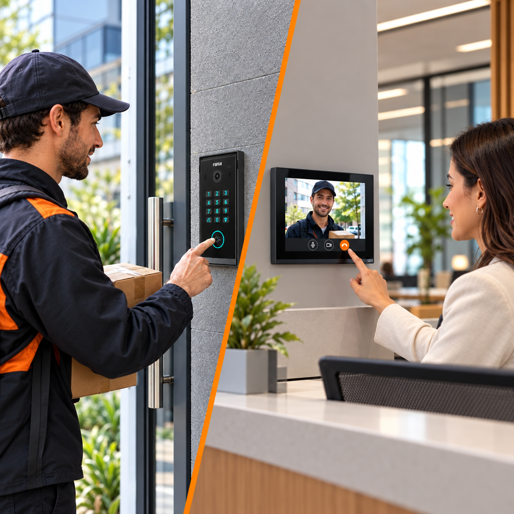 Videoportero IP Fanvil i60K en uso: visitante llama y recepcionista lo ve desde un monitor interior compatible