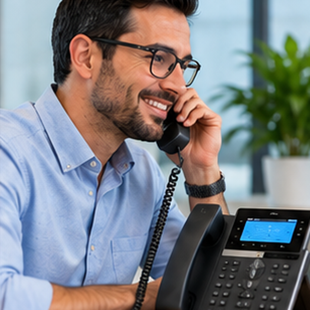 Persona usando teléfono IP Grandstream GRP2601 en oficina