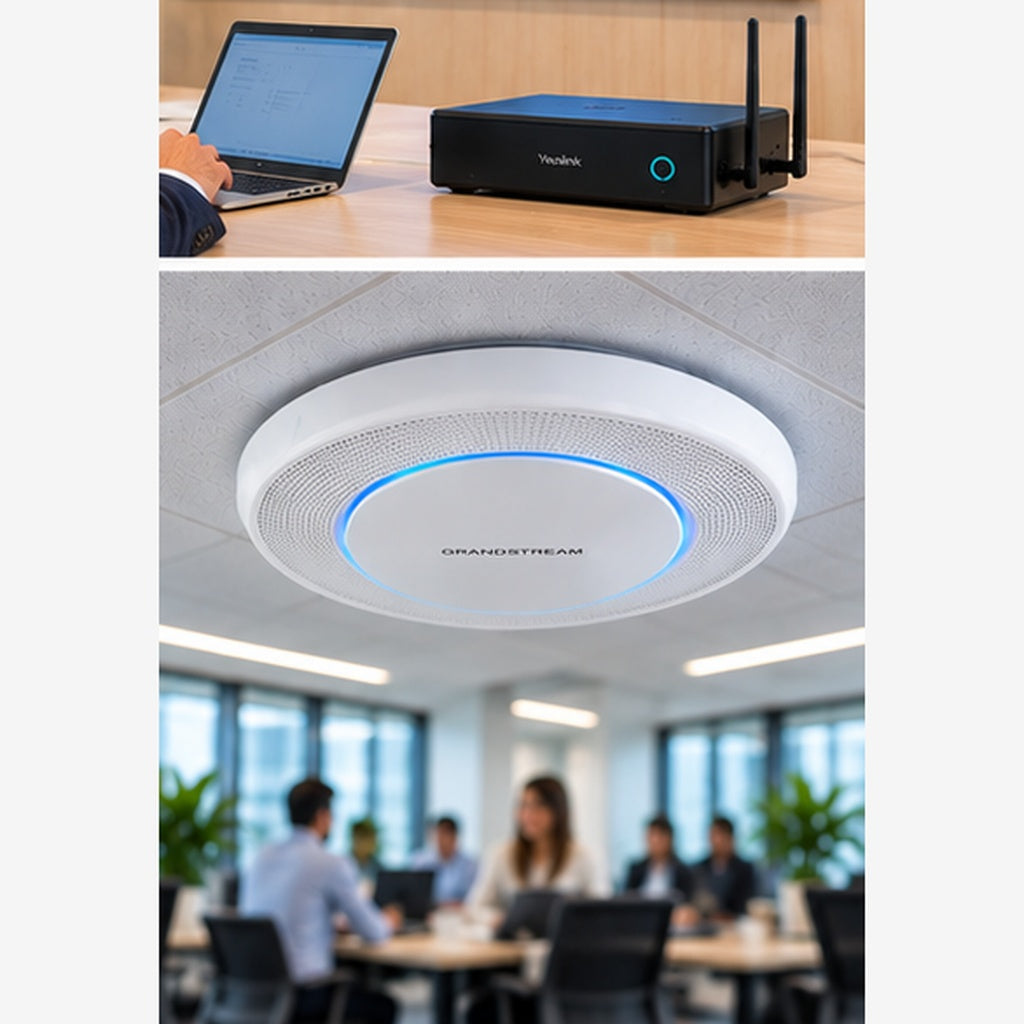 Grandstream GWN7615 instalado en oficina con personas utilizando la red WiFi