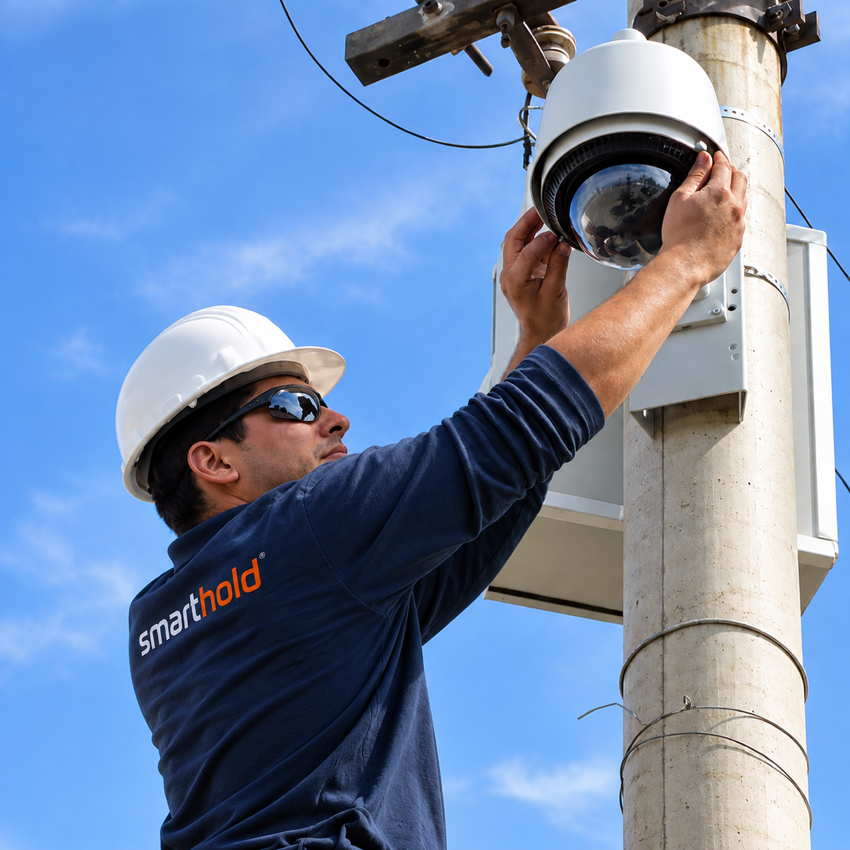 Técnico instalando cámara de seguridad CCTV en altura en Chile