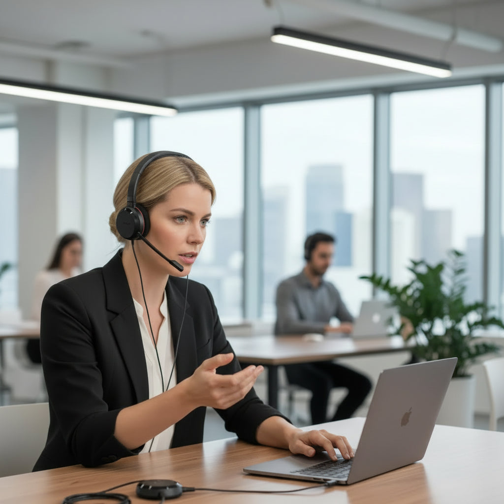 Audífonos Jabra Evolve 20 con micrófono utilizados en oficina