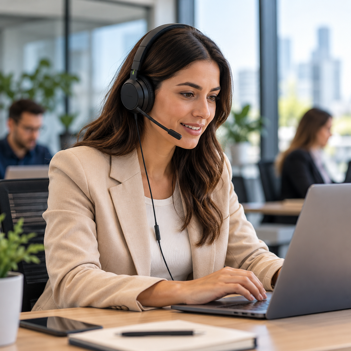 Profesional usando audífonos con micrófono Jabra Evolve2 50 en una oficina moderna