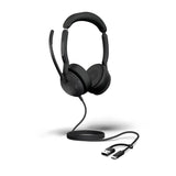 Jabra Evolve2 50 MS Stereo USB-C/A audífonos profesionales negros vista completa sobre fondo blanco