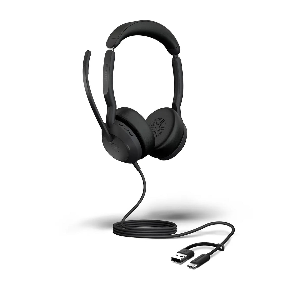 Jabra Evolve2 50 MS Stereo USB-C/A audífonos profesionales negros vista completa sobre fondo blanco