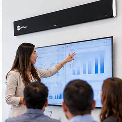 Nureva HDL410 utilizado en sala de reuniones con equipo de trabajo