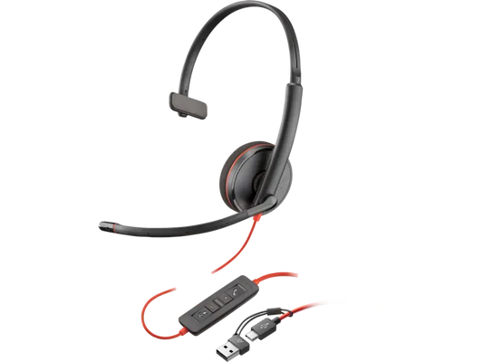 Audífonos Poly Blackwire 3210 monoaurales USB-C con adaptador USB-C a USB-A