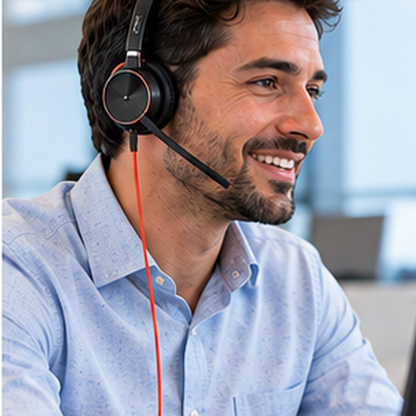 Persona usando Poly Blackwire 3310 en oficina para llamadas profesionales