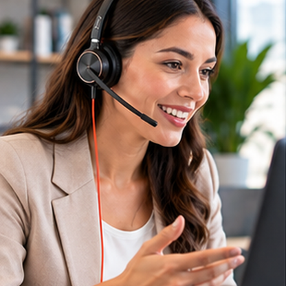 Persona usando Poly EncorePro 310 en oficina para atención de llamadas