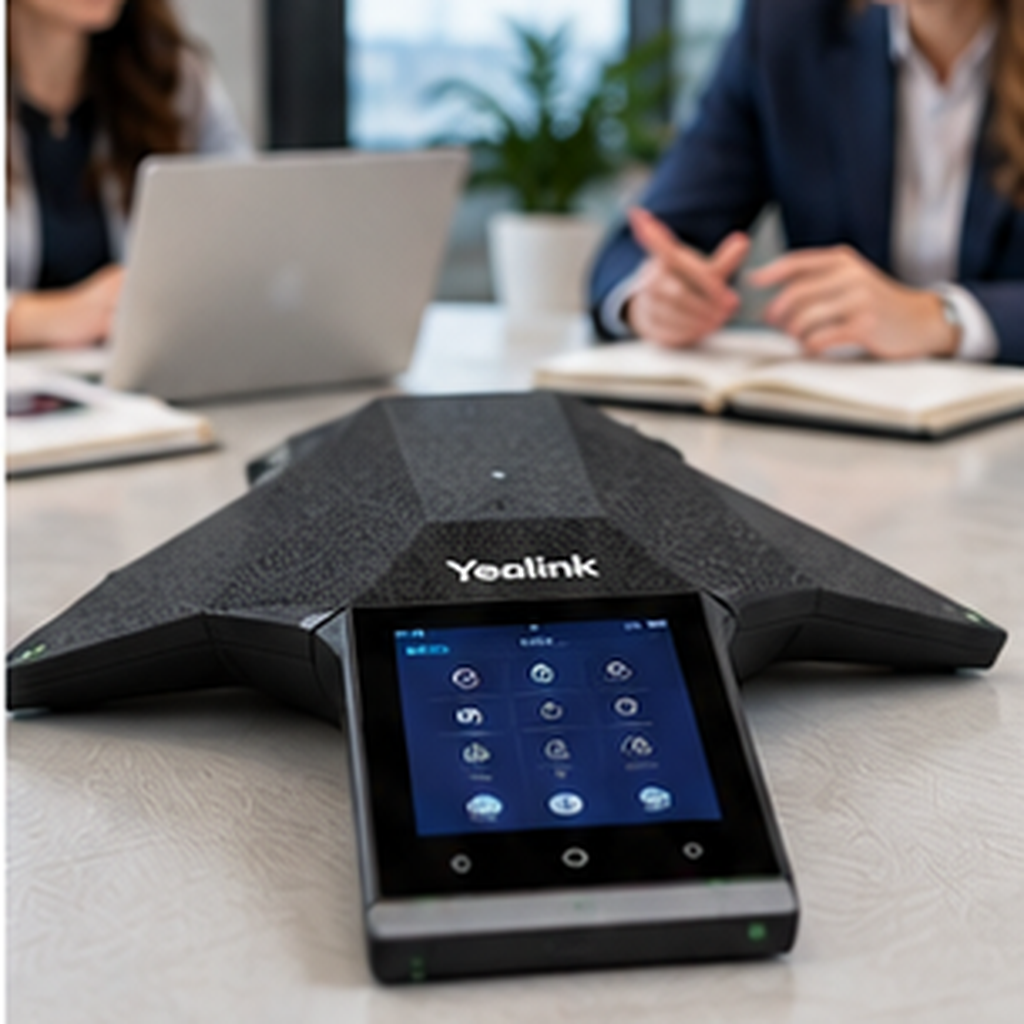 Yealink CP925 utilizado por personas durante reunión de audioconferencia
