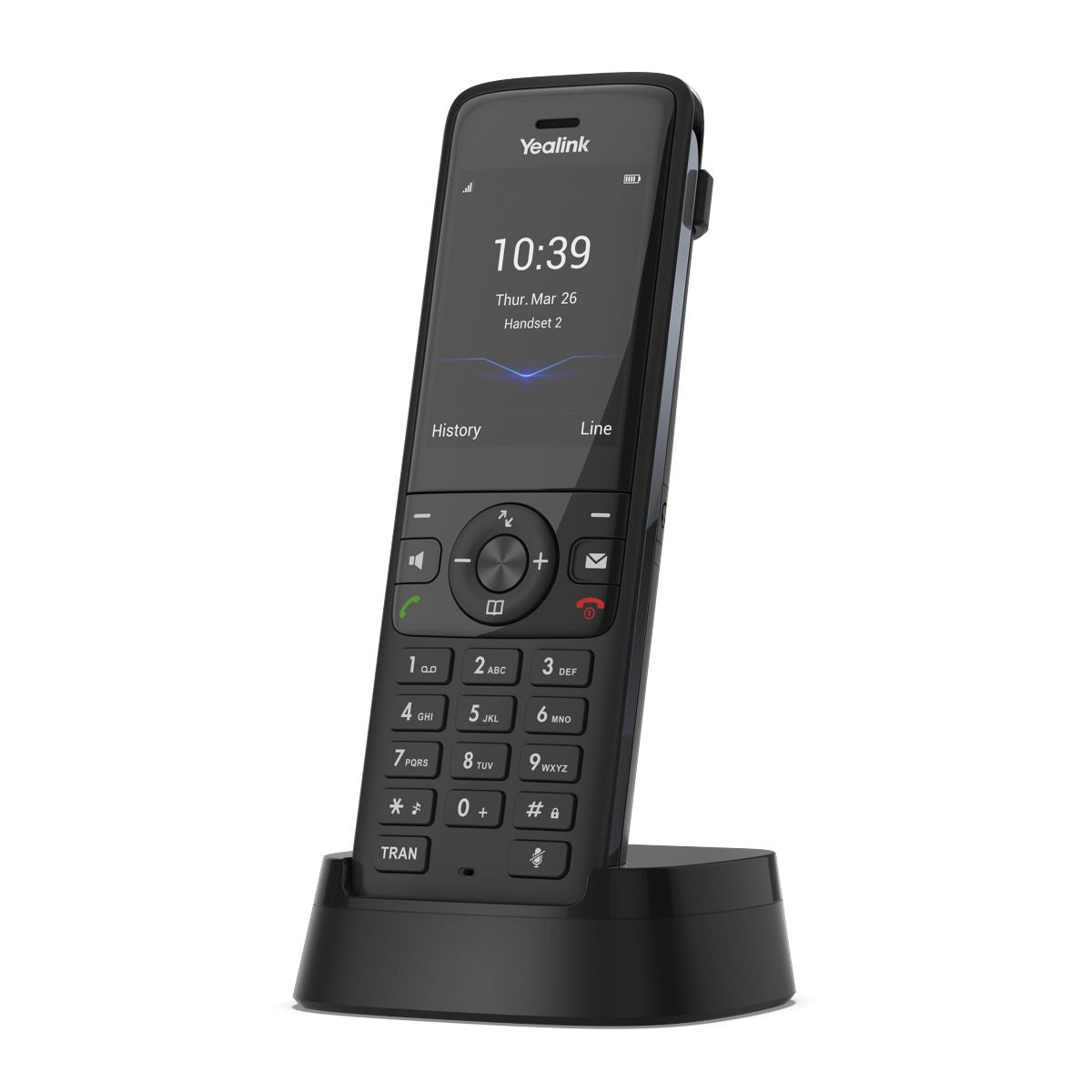 Yealink W78P teléfono DECT IP con auricular W78H en base de carga, vista lateral