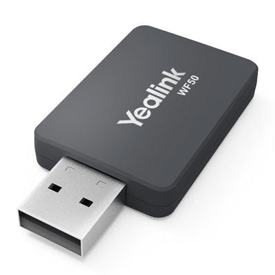 Adaptador Wi-Fi USB Yealink WF50 negro, vista en perspectiva sobre fondo blanco